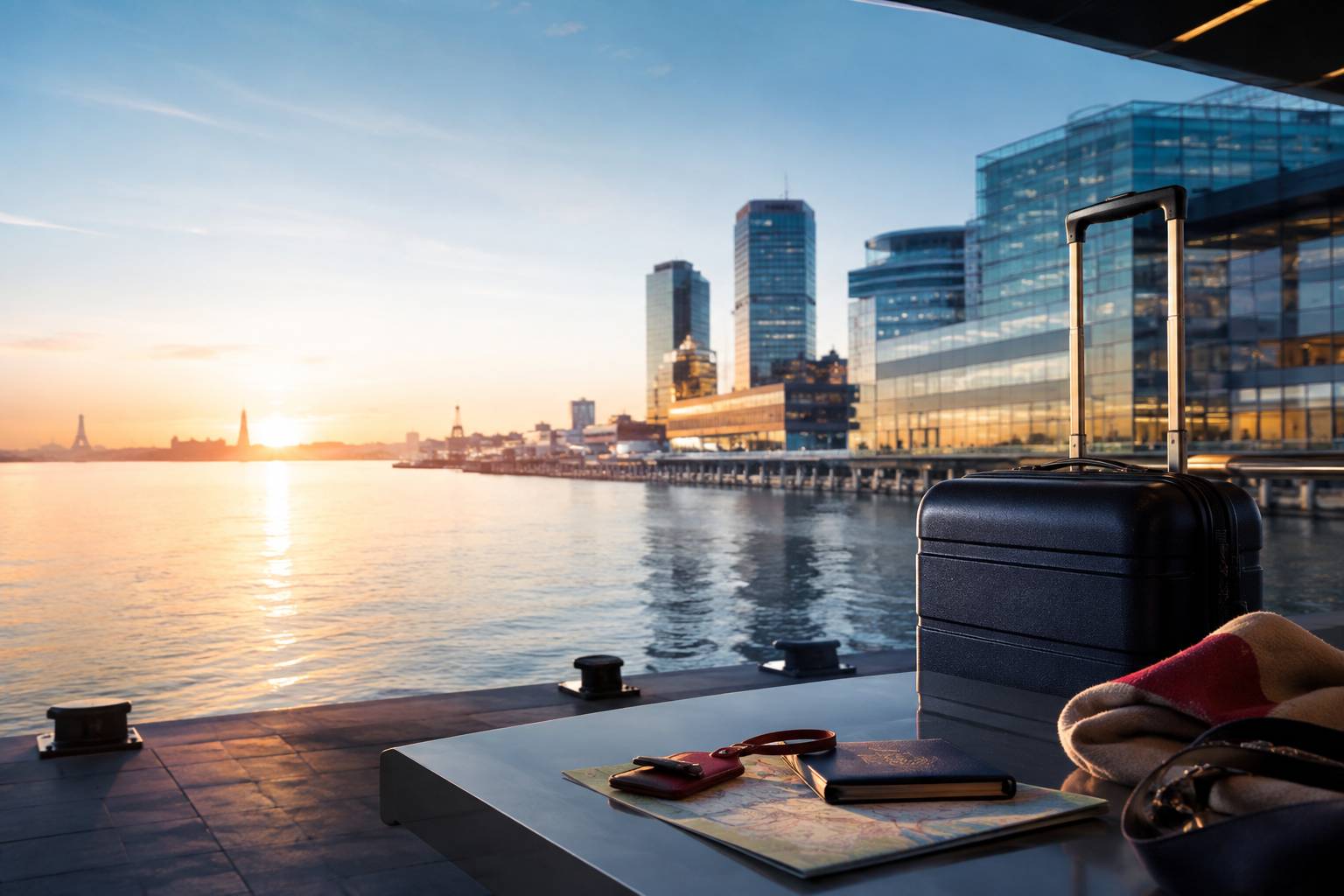 Boston harbor at sunrise with a carry-on suitcase ready for travel